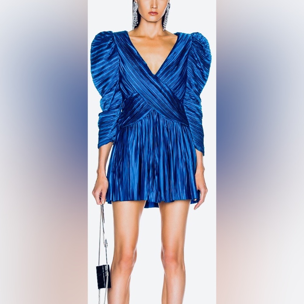 Retrofete Evelyn Mini Dress Low Cut Ruched Pleated cobalt blue color Size S NWT